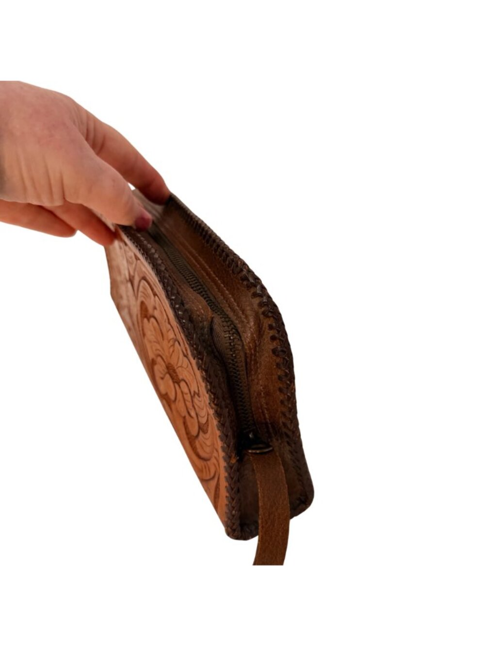 Vintage Tooled Leather Clutch Floral Brown Zipper Pouch 12 Inch Boho Western 197 - Picture 6 of 10